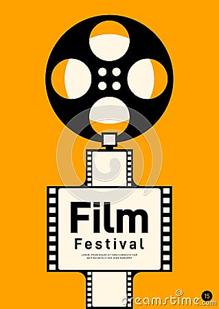 Movie and film poster design template background with retro film reel Cartoon Illustration