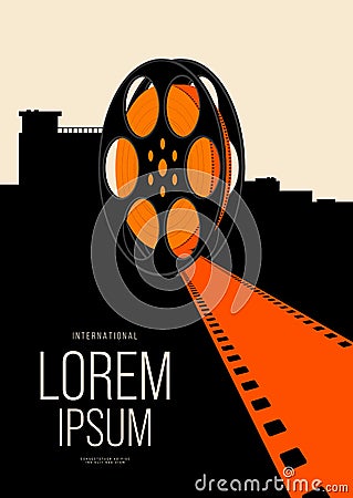 Movie and film poster design template background with vintage filmstrip and cityscape Vector Illustration