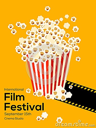 Movie and film poster design template background with vintage filmstrip and popcorn Vector Illustration