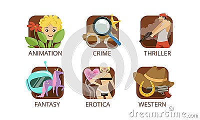 Movie Genre with Animation, Crime, Thriller, Fantasy, Erotica and Western Image Vector Set Vector Illustration