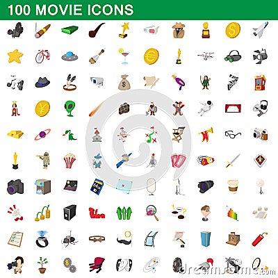 100 movie icons set, cartoon style Vector Illustration