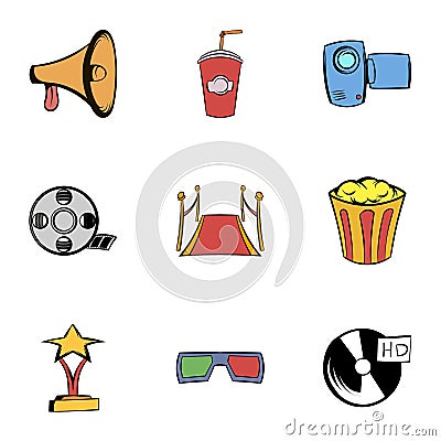 Movie icons set, cartoon style Vector Illustration