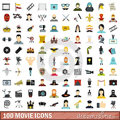 100 movie icons set, flat style Vector Illustration