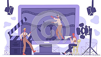 Movie industry concept. Cinematography cinema production, film shooting team isolated vector background illustration Vector Illustration