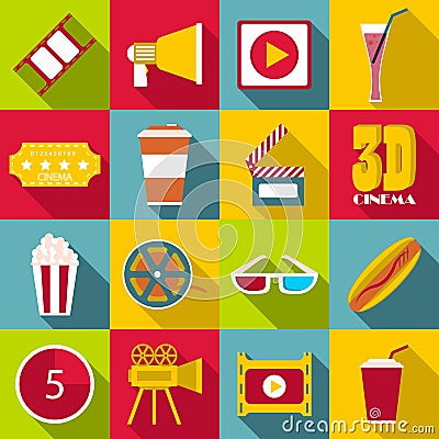 Movie items icons set, flat style Vector Illustration