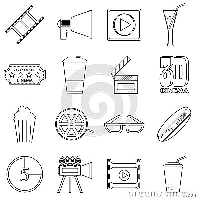 Movie items icons set, outline style Vector Illustration