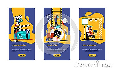 Movie making poster. Film festival, online cinema and movie production banners with cartoon film crew shooting scenes Vector Illustration