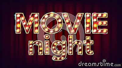 Movie Night Background Vector. Theatre Cinema Golden Illuminated Neon Light. For Theater, Cinematography Advertising Vector Illustration