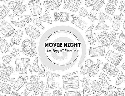 Movie Night, The Biggest Premiere Banner Template with Place for Text and Movie Symbols Hand Drawn Pattern, Cinema Vector Illustration