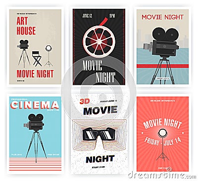 Movie night poster set. Cinema events different advertising placards. Colorful vector illustration. Vector Illustration