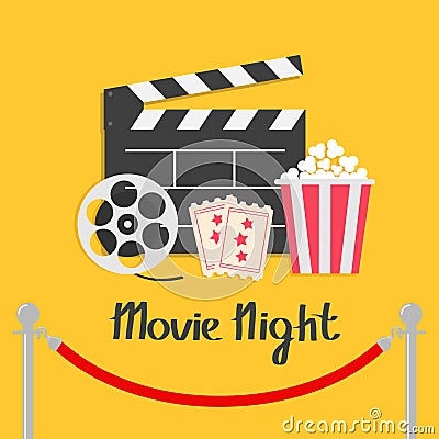 Movie night. Red rope barrier stanchions turnstile facecontrol Open clapper board reel Popcorn box Ticket Admit one. Three star. C Vector Illustration