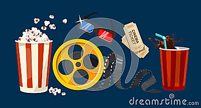 Movie object set in cartoon style. Popcorn, 3D glasses, cinema tickets, drink in the craft cup, reel, tape isolated on blue Vector Illustration