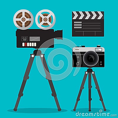 Movie and Photo Film Cameras Set on Tripods. Vector Illustration