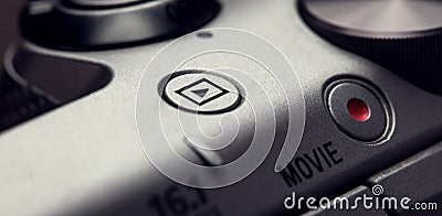 Movie play button on body of modern audio-video devices Stock Photo