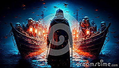Movie poster with man standing in front of row of boats. Generative AI Stock Photo