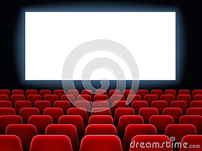 Movie premiere event at cine theatre. Cinema white blank screen at movie hall interior with empty seats vector Vector Illustration