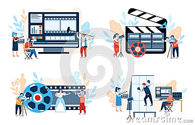 Movie production banners set with people cartoon vector illustration isolated. Vector Illustration