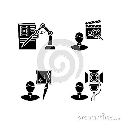 Movie production black glyph icons set on white space Vector Illustration