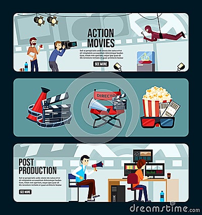movie production. clapboard camera filming persons. Vector entertainment banners collection Stock Photo