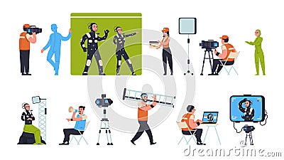 Movie production. Film making scenes with actors director and camera man, film crew shooting on green screen and on Vector Illustration