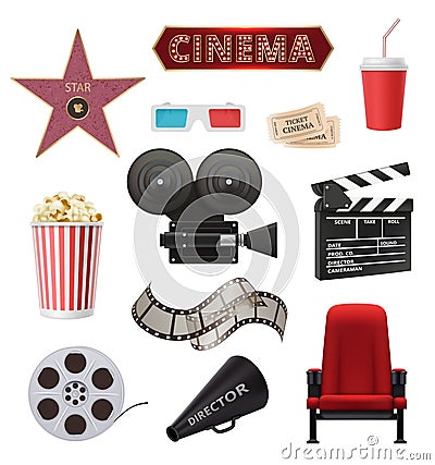 Movie realistic. Cinema objects camera camcorder film tape clapperboard vector collection Vector Illustration