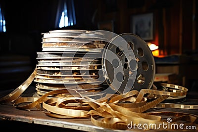 a movie reel sitting on top of a pile of filmstrips Stock Photo