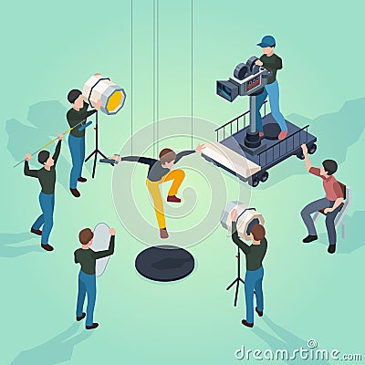 Movie set. Film makers director actors and technical staff working video production process cameras technic vector Vector Illustration