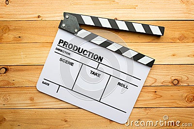 Movie slate film on wooden table Stock Photo