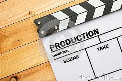 Movie slate film on wooden table Stock Photo