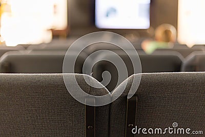 Movie theater auditorium with gray seats Stock Photo