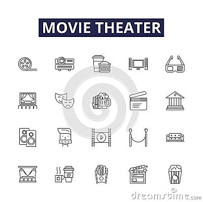 Movie theater line vector icons and signs. Theater, Showroom, Auditorium, Picture-house, Picture-palace, Bijou Vector Illustration