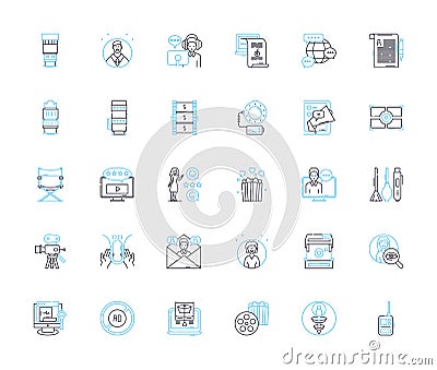 Movie theater linear icons set. Concession, Projection, Premiere, Matinee, Ticket, Screening, Atmosphere line vector and Vector Illustration