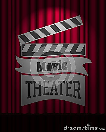 Movie theater logo on dark red curtain scene gracefully. Vector Illustration