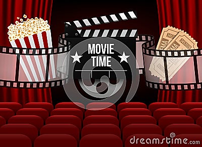 Movie theater with row of red seats popcorn and tickets. Premiere event template. Super Show design. Vector Illustration