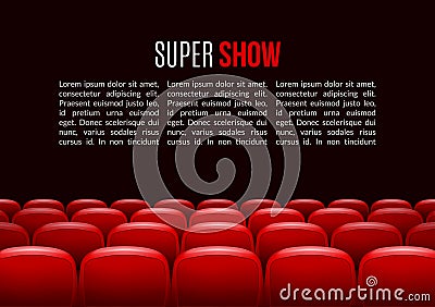 Movie theater with row of red seats. Premiere event template. Super Show design. Vector Illustration