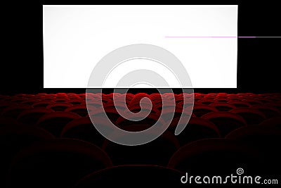 Movie Theater with Rows of Red Cinema Comfortable Chairs and Blank Screen. 3d Rendering Stock Photo