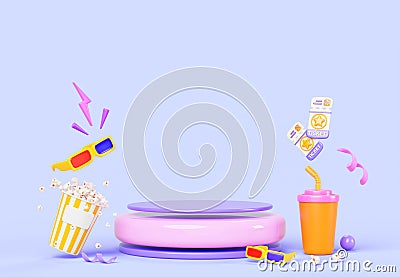 Movie theater stage with cinema tickets, 3d glasses, pop corn bucket, drink and flying confetti icons. Empty round stand Cartoon Illustration
