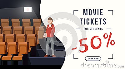 Movie tickets discount web banner. 50 percent discount for students, special price. Cinema invitation for pupils, teens Vector Illustration