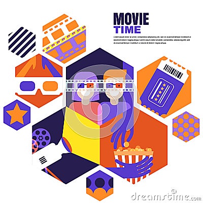 Movie time, date at the cinema concept. Vector design elements for cinema flyer, poster, banner, sale entrance ticket. Vector Illustration