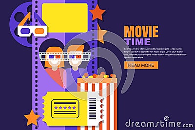 Date at the cinema illustration. Design for cinema festival poster, sale tickets banner, flyer, coupon. Vector Illustration