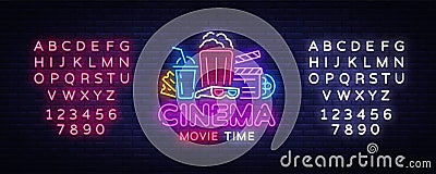 Movie Time Neon Logo Vector. Cinema Night neon sign, design template, modern trend design, night neon signboard, night Vector Illustration