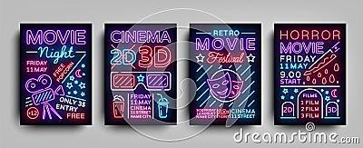 Movies 3d collection posters design templates in neon style. Set neon sign, light banner, bright flyer, design Vector Illustration