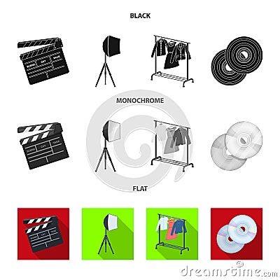 Movies, discs and other equipment for the cinema. Making movies set collection icons in black, flat, monochrome style Vector Illustration