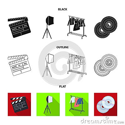 Movies, discs and other equipment for the cinema. Making movies set collection icons in black,flat,outline style vector Vector Illustration