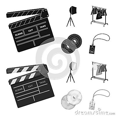 Movies, discs and other equipment for the cinema. Making movies set collection icons in black,monochrome style vector Vector Illustration