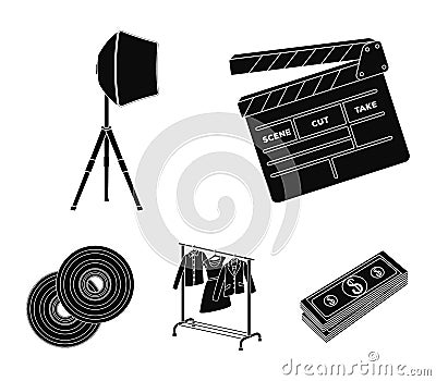Movies, discs and other equipment for the cinema. Making movies set collection icons in black style vector symbol stock Vector Illustration