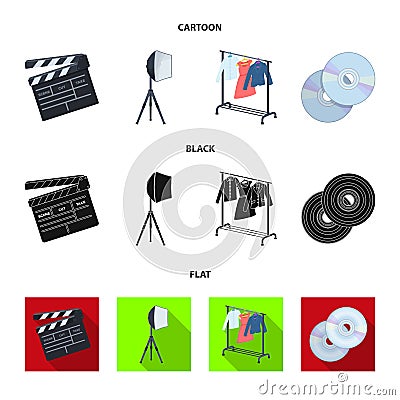 Movies, discs and other equipment for the cinema. Making movies set collection icons in cartoon,black,flat style vector Vector Illustration