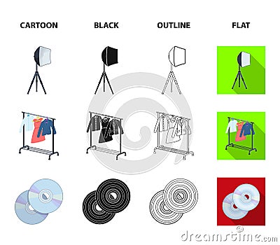 Movies, discs and other equipment for the cinema. Making movies set collection icons in cartoon,black,outline,flat style Vector Illustration