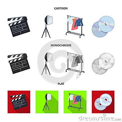 Movies, discs and other equipment for the cinema. Making movies set collection icons in cartoon,flat,monochrome style Vector Illustration