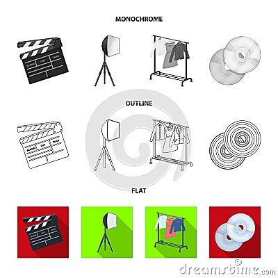 Movies, discs and other equipment for the cinema. Making movies set collection icons in flat,outline,monochrome style Vector Illustration